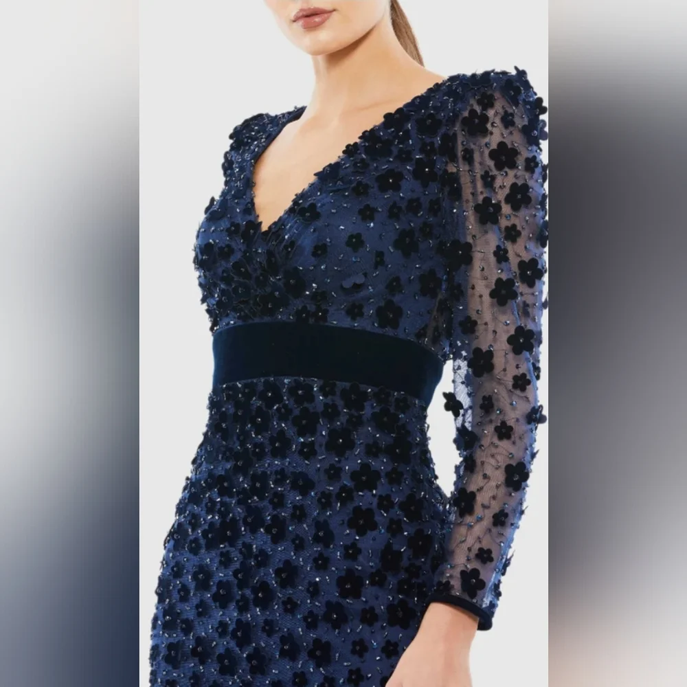 Mac Duggal Navy Embellished V Neck Illusion Long Sleeve Column Midi SZ 4 NWT - Picture 2 of 11